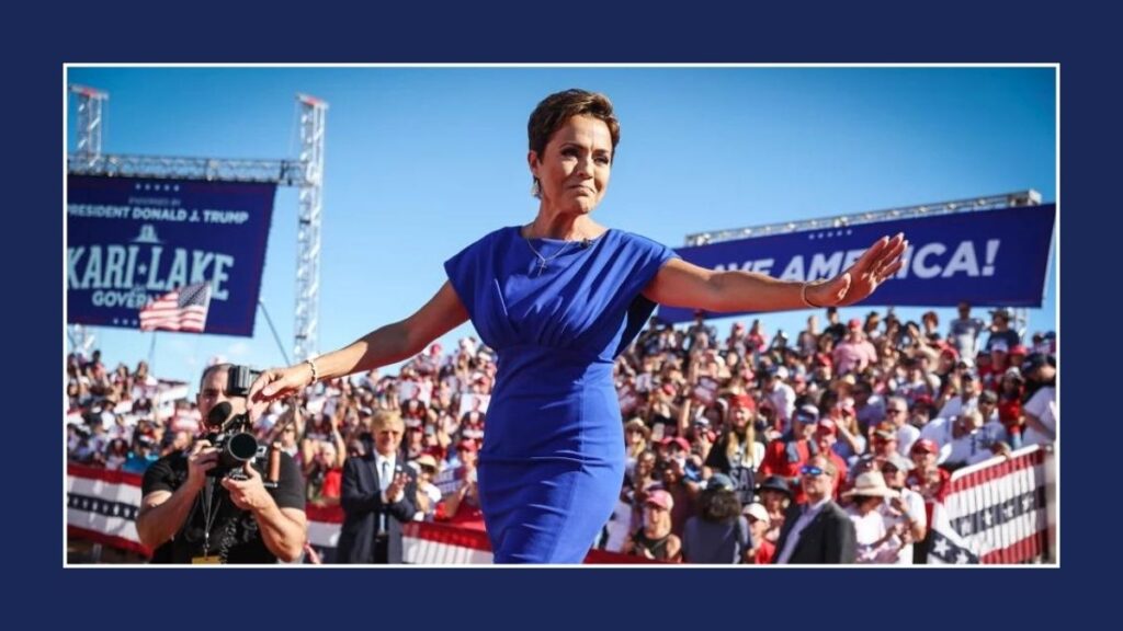 3 Kari lake speaking at a campaign rally after securing trump's endorsement for the us senate nomination.
