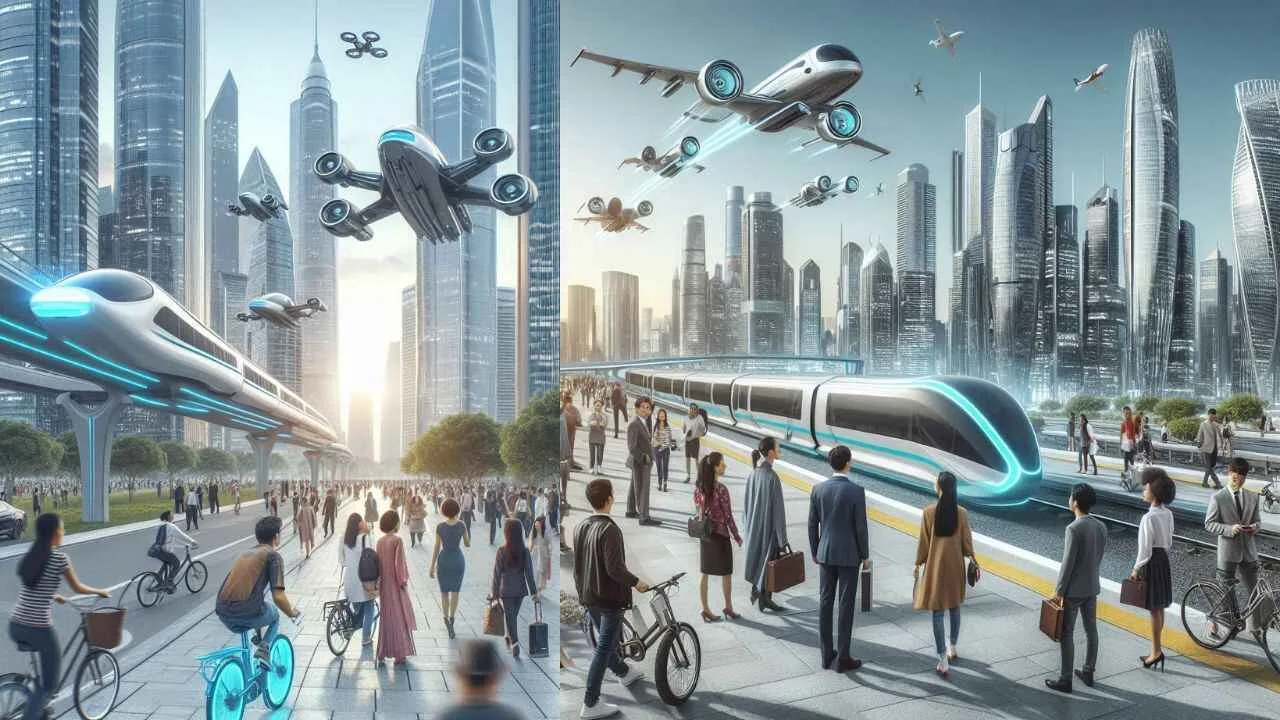 Transportation Updates & Future Tech Shaping Global Travel, a collage of people and a train