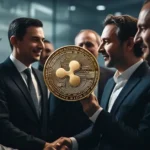 Business executives in suits holding a large ripple coin, symbolizing dfsa approval for ripple usd in the cryptocurrency market.