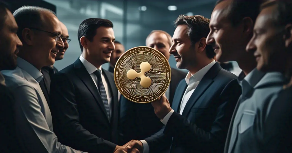 Ripple USD Gains DFSA Approval, Boosting Crypto Power 3 Business executives in suits holding a large Ripple coin, symbolizing DFSA approval for Ripple USD in the cryptocurrency market.