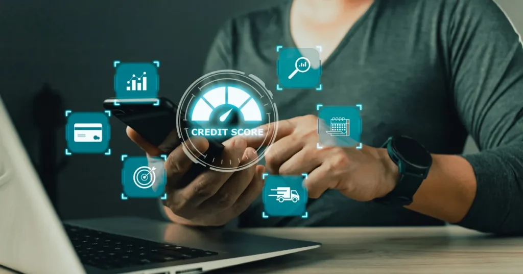How to Build Credit Fast" – Boost Your Score the Right Way in the USA Person holding a smartphone with credit score analytics and financial planning icons, representing strategies to build credit fast in the USA.