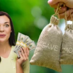 A happy woman holding cash alongside a hand holding money bags labeled 'save money' with a green background.