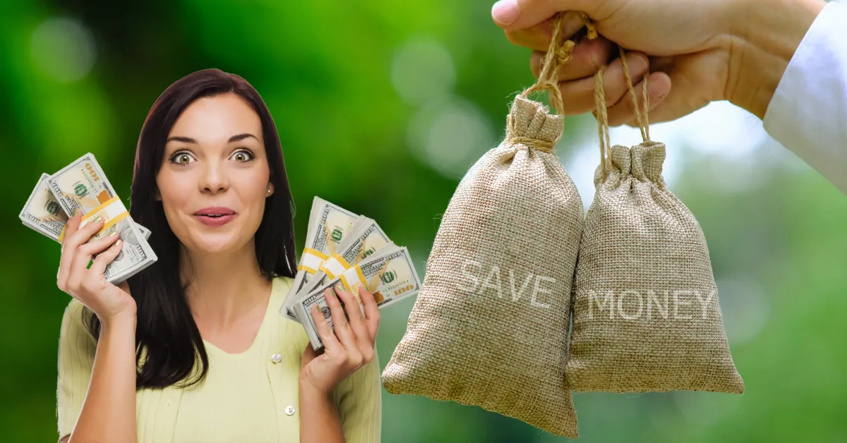 The Right Way to Save money 10,000 dollar a Year in USA 1 A happy woman holding cash alongside a hand holding money bags labeled 'Save Money' with a green background.