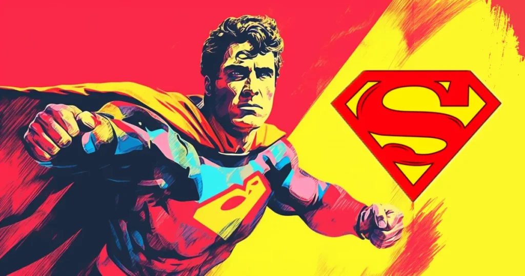 Superman Artwork: Classic Hero with Iconic Symbol Stylized pop-art illustration of Superman flying, with the classic red and yellow 'S' shield logo on a yellow and red background.