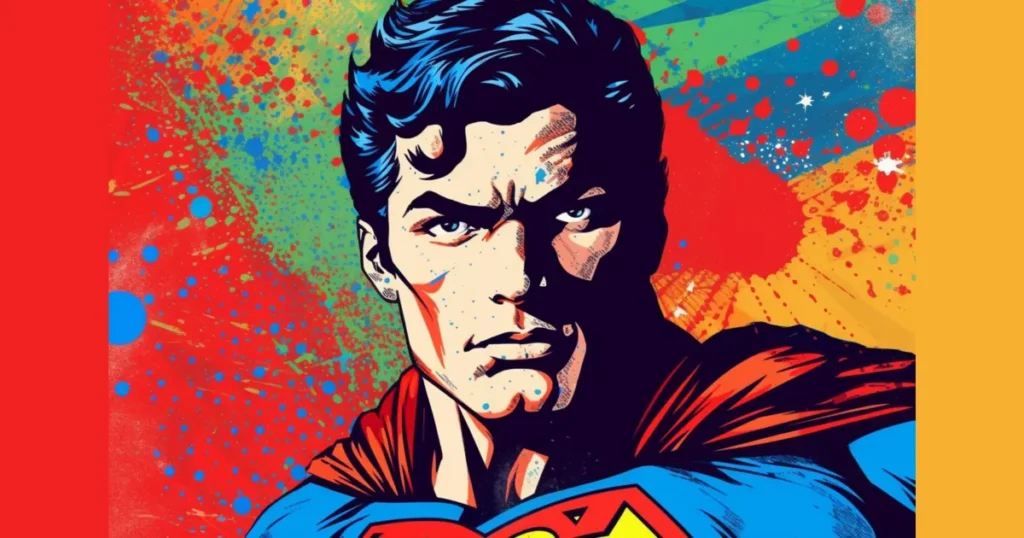 Superman Portrait - Vibrant Pop Art Style Close-up, pop art style illustration of Superman's face and upper chest, with a blue and red costume, set against a background of colorful paint splatters.