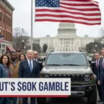 Image of a new Scout Motors electric SUV in front of the US Capitol and a US flag, with a group of people including figures resembling Joe Biden and a congressman. A text banner at the bottom reads 'SCOUT'S $60K GAMBLE'.