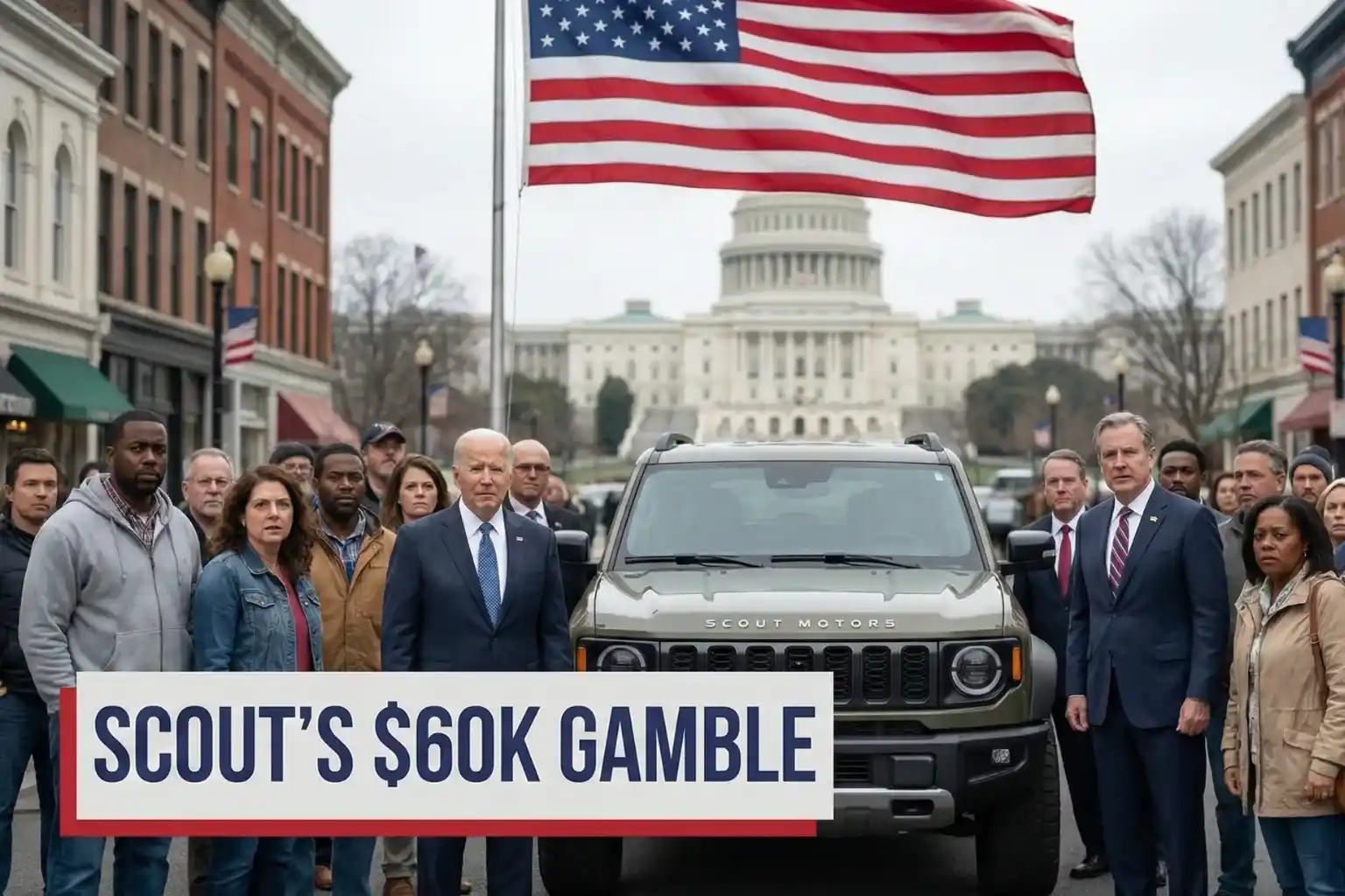 Image of a new Scout Motors electric SUV in front of the US Capitol and a US flag, with a group of people including figures resembling Joe Biden and a congressman. A text banner at the bottom reads 'SCOUT'S $60K GAMBLE'.
