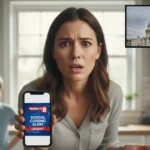 A shocked working mother holds a phone showing a "WOOD TV 8 School Closing Alert: Urgent" message, with her frustrated child in the background. In the upper right, the US Capitol building stands under a cloudy sky with the American flag flying, symbolizing the national impact of school closures on USA families.