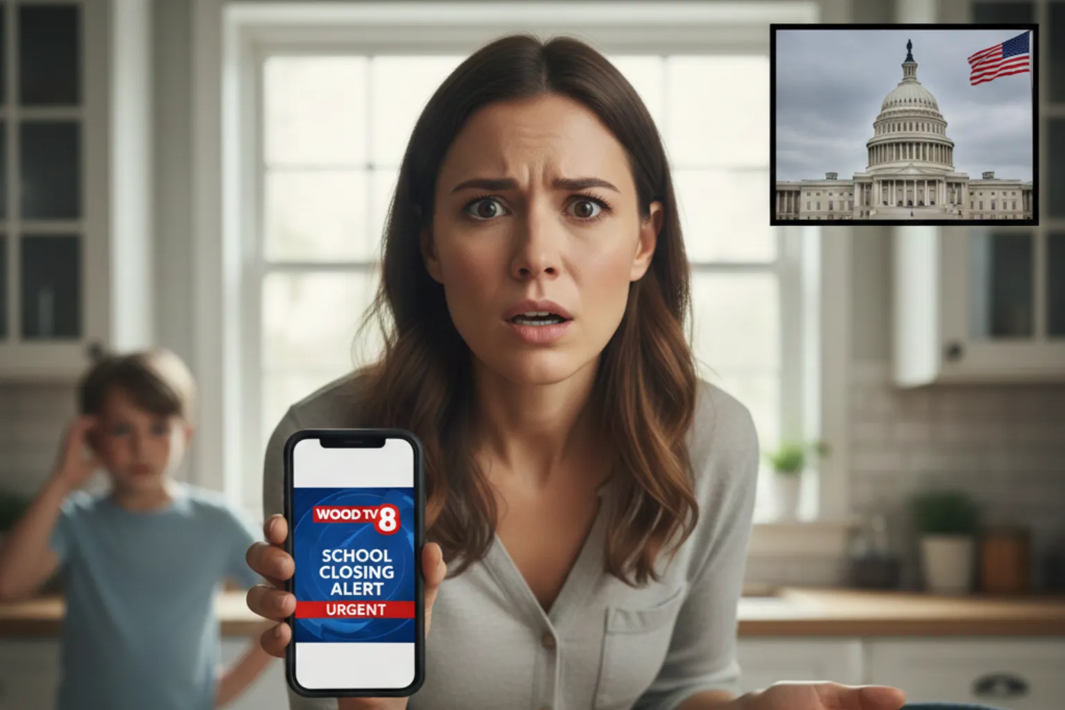 A shocked working mother holds a phone showing a "WOOD TV 8 School Closing Alert: Urgent" message, with her frustrated child in the background. In the upper right, the US Capitol building stands under a cloudy sky with the American flag flying, symbolizing the national impact of school closures on USA families.