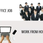 A team of professionals in business attire standing together, illustrating a traditional office job environment and corporate culture in 2026.. A person's hands typing on a laptop with a coffee cup, plant, and smartphone, symbolizing the flexibility of a work-from-home setup in 2026.