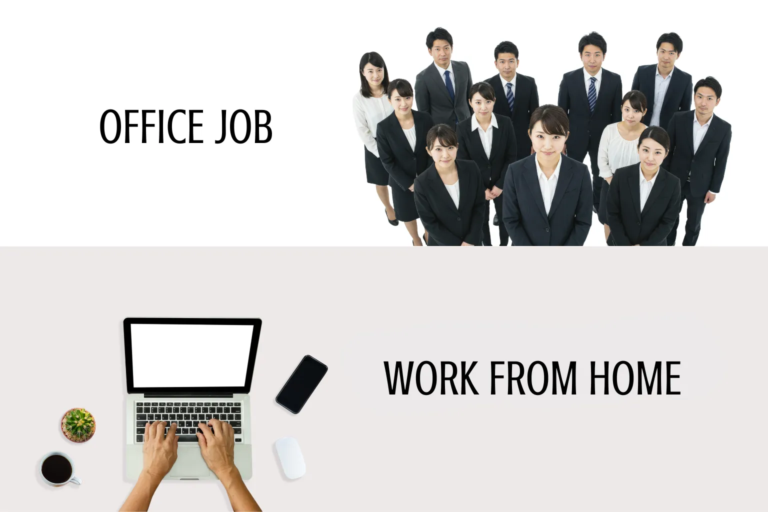 A team of professionals in business attire standing together, illustrating a traditional office job environment and corporate culture in 2026.. A person's hands typing on a laptop with a coffee cup, plant, and smartphone, symbolizing the flexibility of a work-from-home setup in 2026.