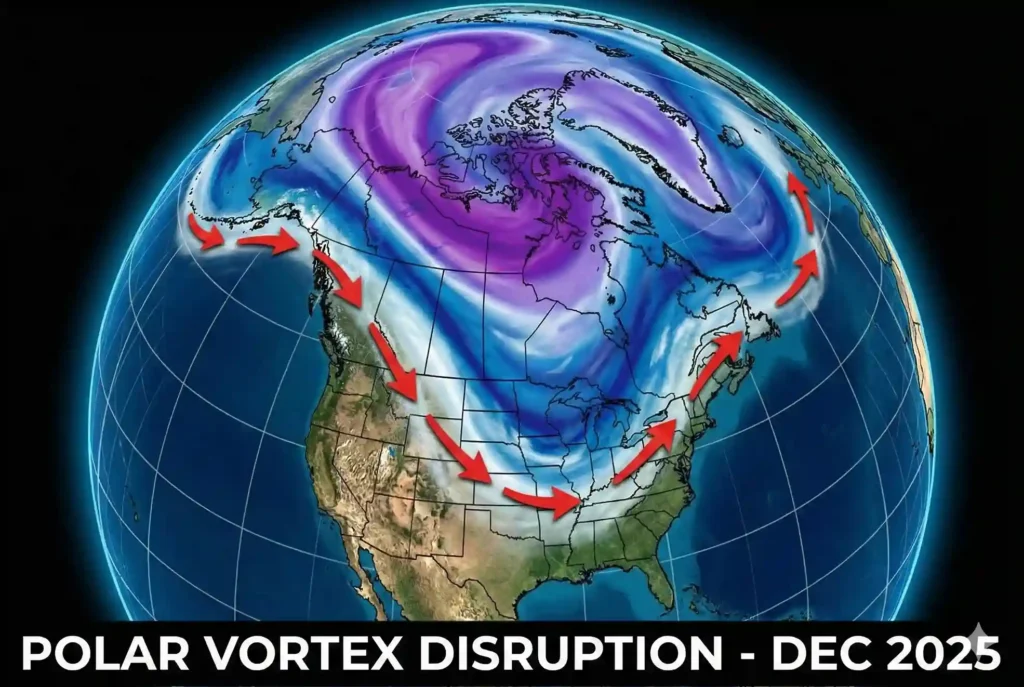 Meteorological Map of Polar Vortex Disruption - Dec 2025 Satellite visualization of a polar vortex disruption over North America in December 2025, showing cold air moving south.