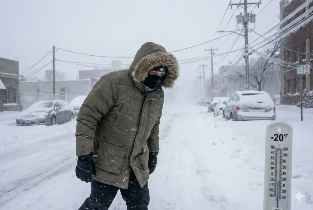 Home | RIGHWAY 12 Polar Vortex 2025 Warning - A person in a heavy parka struggles through a blizzard on a city street, with a thermometer in the foreground showing -20 degrees Fahrenheit.