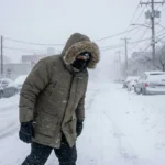 Polar Vortex 2025 Warning - A person in a heavy parka struggles through a blizzard on a city street, with a thermometer in the foreground showing -20 degrees Fahrenheit.