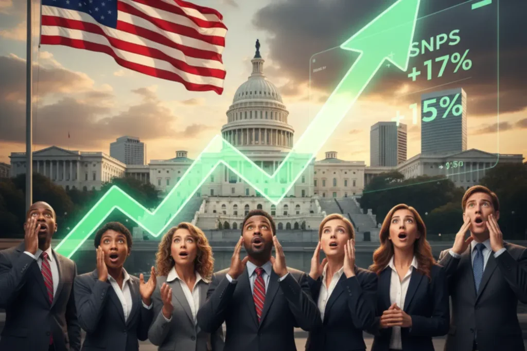 Home | RIGHWAY 15 A group of business professionals in front of the US Capitol with a rising stock graph and US flag, reflecting Synopsys stock surge after a $2 billion deal.