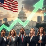 A group of business professionals in front of the US Capitol with a rising stock graph and US flag, reflecting Synopsys stock surge after a $2 billion deal.