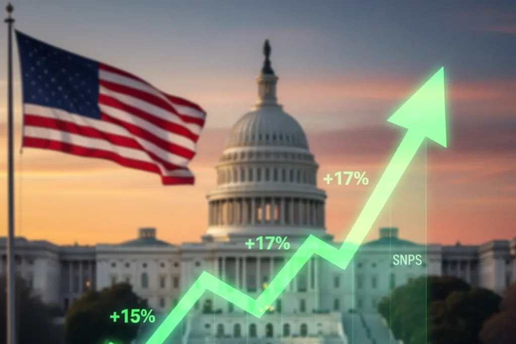 URGENT: Silicon Valley's Synopsys Stock Spikes on $2B Deal 2 A group of business professionals in front of the US Capitol with a rising stock graph and US flag, reflecting Synopsys stock surge after a $2 billion deal.