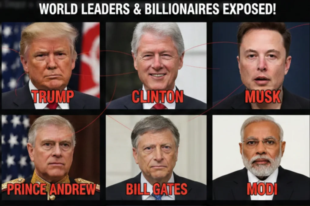 Collage of public figures referenced in discussions about Epstein files and related reporting