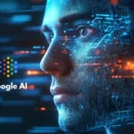 Google AI full-stack AI workflow concept showing futuristic AI face and digital neural network interface