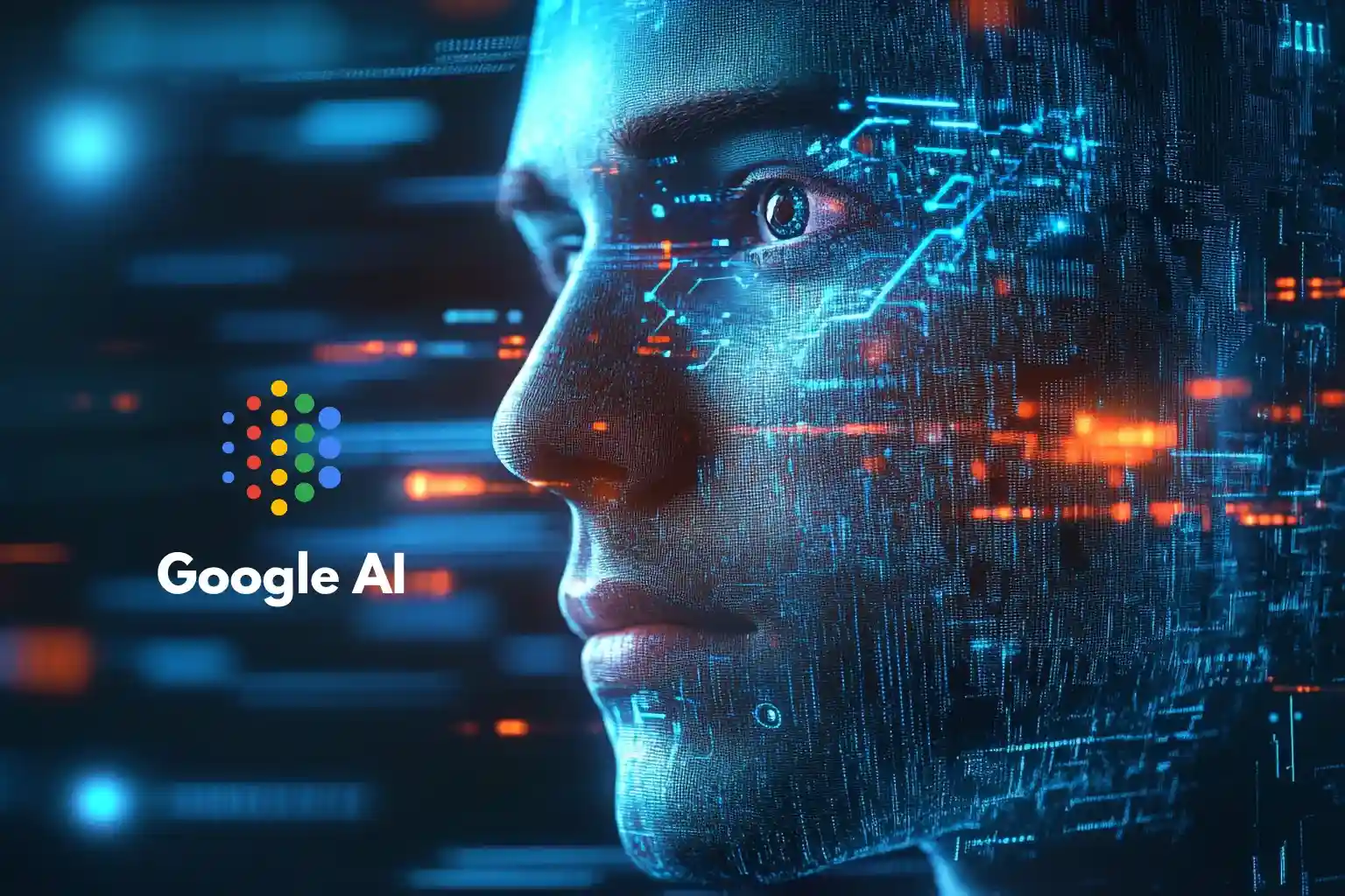 Google AI Tools Form Integrated Creator Stack 1 Google AI full-stack AI workflow concept showing futuristic AI face and digital neural network interface