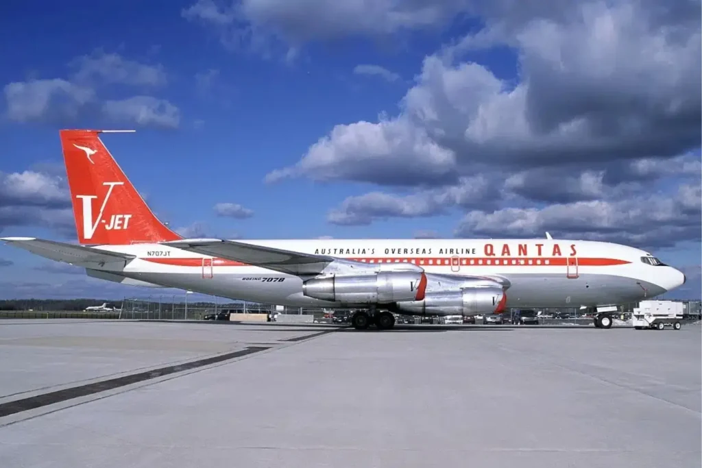 John Travolta Qantas Boeing 707 V-Jet John Travolta Boeing 707 V-Jet in Qantas livery on airport runway