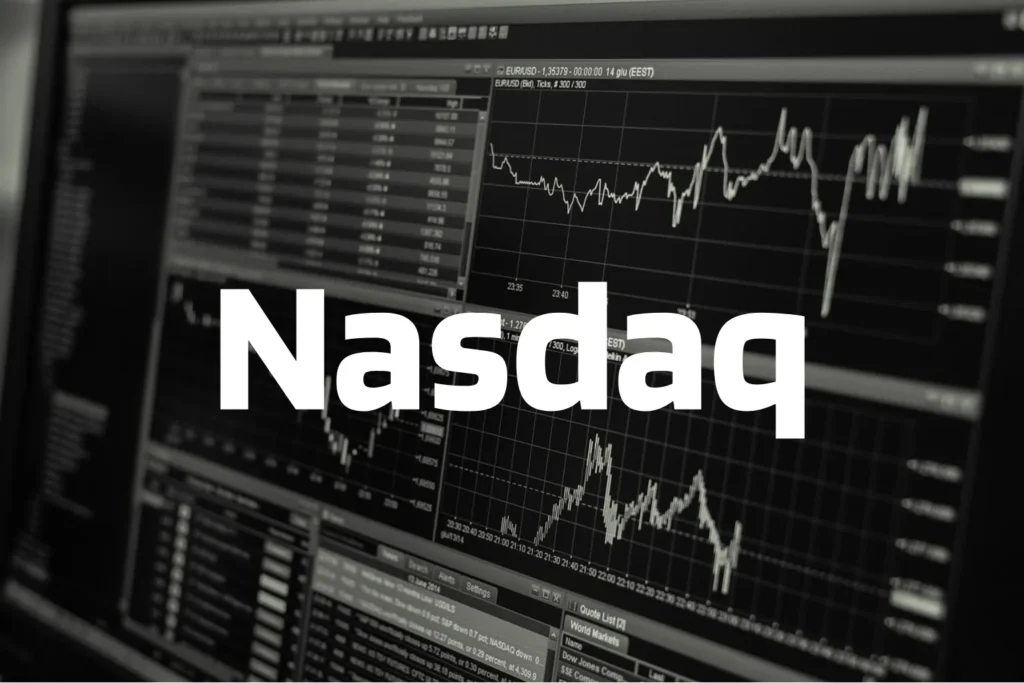 Nasdaq Composite Live Trading Chart and Stock Market Performance Nasdaq Composite displayed on live trading screen with stock market charts and price movements.