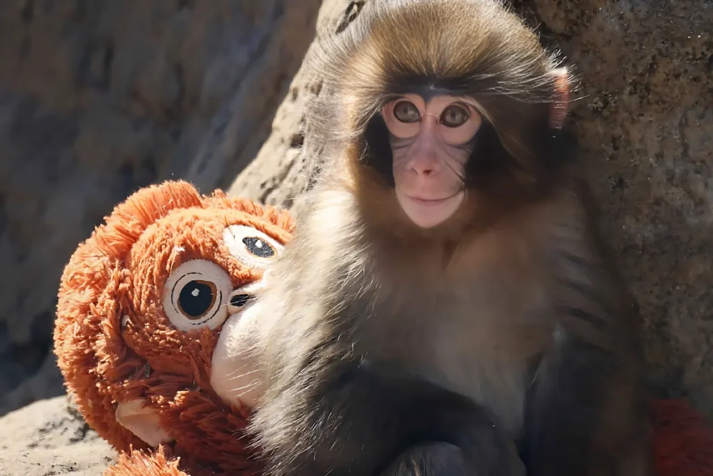 Viral Punch Monkey Safe After Zoo Dragging Incident – Close-Up Image Viral Punch Monkey holding plush toy inside zoo enclosure after dragging incident