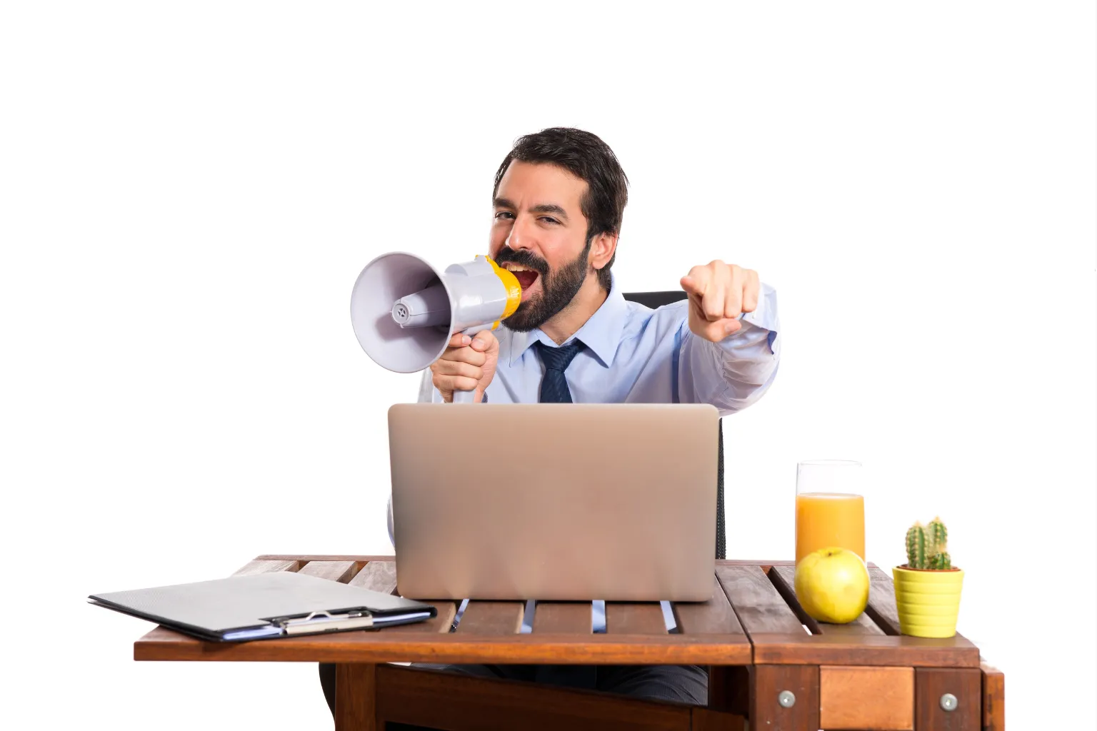 How to Get Promoted at Work Quickly - 5 Steps That Work 1 Man using megaphone at laptop illustrating strategies to get promoted at work and boost career growth