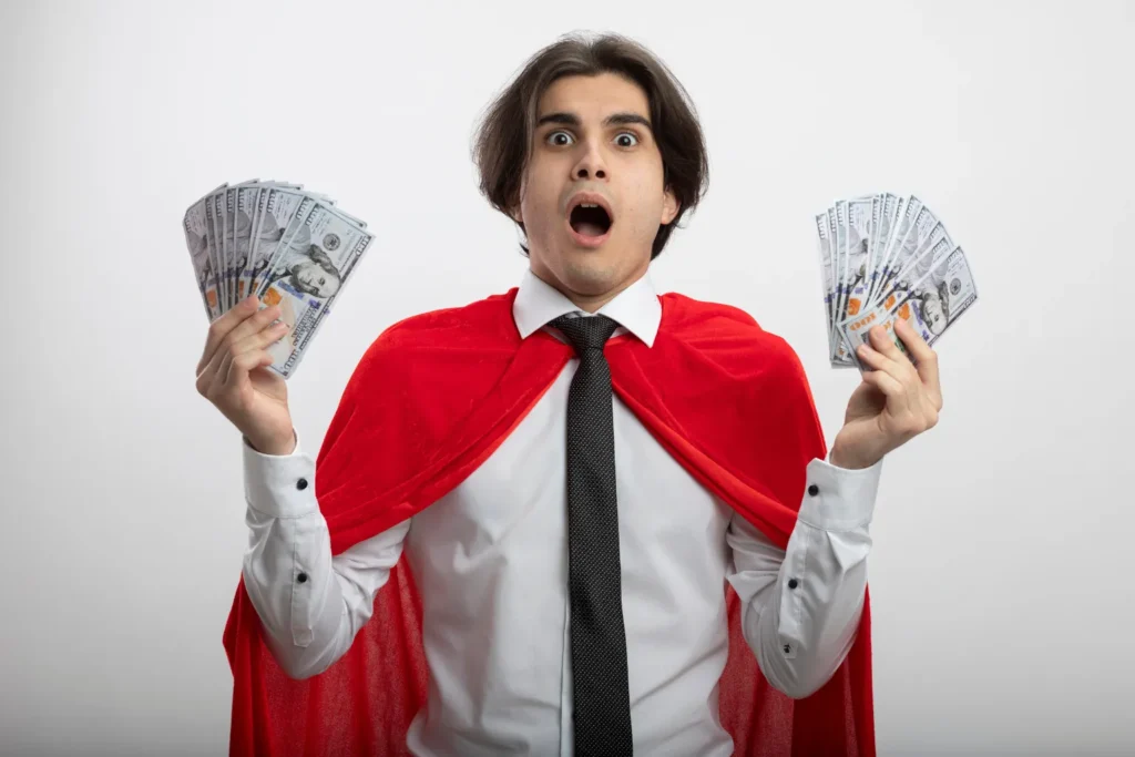 Man holding cash with surprised expression showing fast ways to make money online in 2026