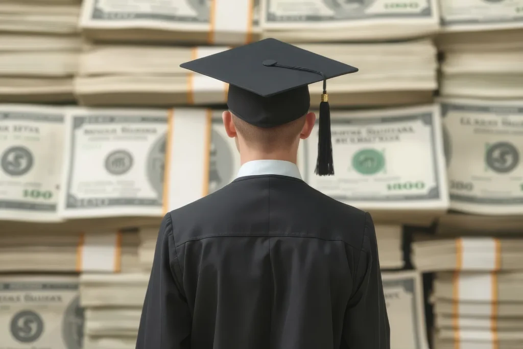 US student loan forgiveness 2026 update showing graduate facing large stacks of money symbolizing borrower debt relief changes