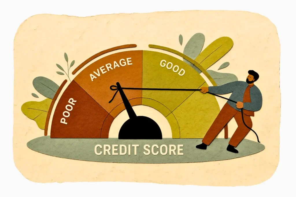 Illustration showing how to How to Increase Credit Score to 800 - from poor to good with financial growth meter